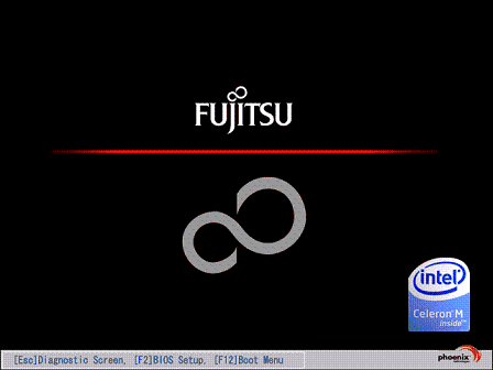 「FUJITSU」のロゴ画面の例