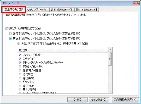 「禁止するカテゴリ」タブをクリック