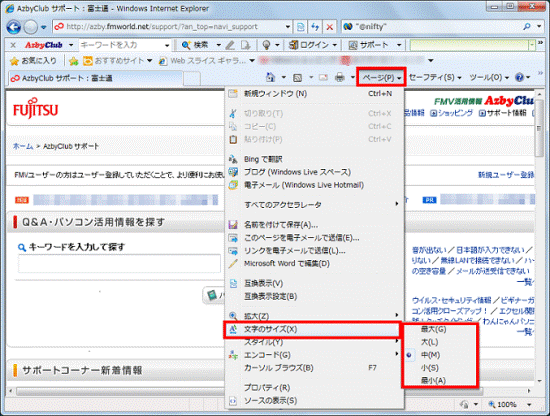 文字のサイズ(Internet Explorer 8)