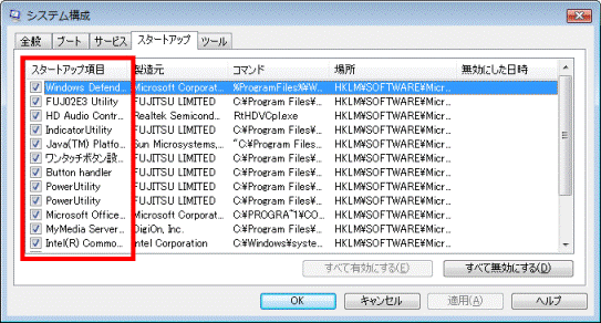 チェックが外れている項目の確認