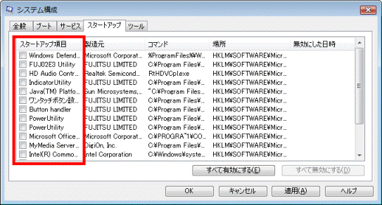すべての項目のチェックが外れていることの確認