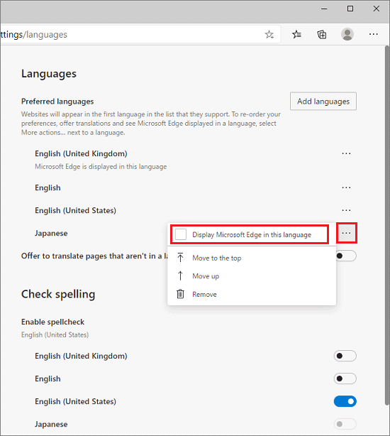 Display Microsoft Edge in this language