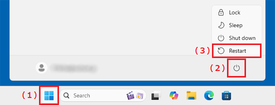 「Start」ボタン→「Power」(電源)ボタン→「Restart」(再起動)の順にクリック