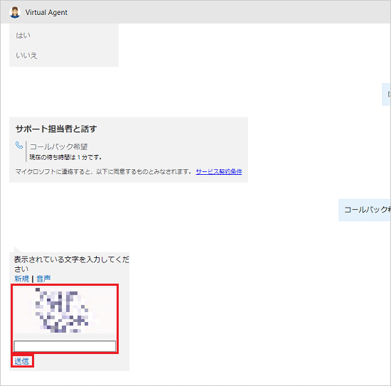 表示されている文字を入力し、「送信」をクリック