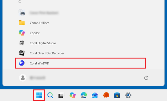 「スタート」ボタンをクリックし、「Corel WinDVD」をクリックして起動
