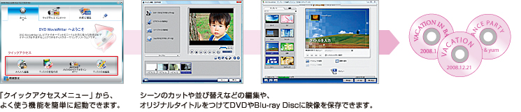 「クイックアクセスメニュー」から、よく使う機能を簡単に起動できます。→シーンのカットや並び替えなどの編集や、オリジナルタイトルをつけてDVDやBlu-ray Discに映像を保存できます。