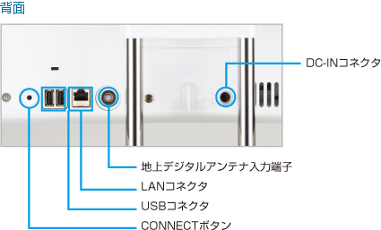 背面(F/C50T、F/C50N) インターフェース：CONNECTボタン、USBコネクタ、LANコネクタ、地上デジタルアンテナ入力端子、DC-INコネクタ