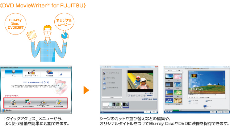 DVD MovieWriter® for FUJITSU 「クイックアクセス」メニューから、よく使う機能を簡単に起動できます。 シーンのカットや並び替えなどの編集やオリジナルタイトルをつけてBlu-ray DiscやDVDに映像を保存できます。