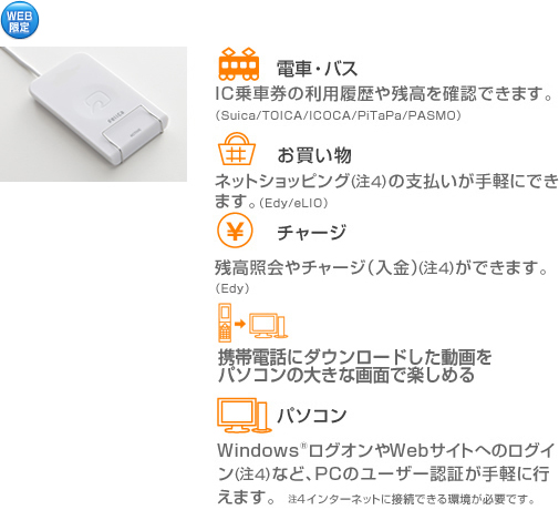 EdԁAoXFICԌ̗pcmFł܂B(Suica/TOICA/ICOCA/PiTaPa/PASMO)  EFlbgVbsOi4j̎xyɂł܂B(Edy/eLIO)  E`[WFcƉ`[Wiji4jł܂B(Edy)  EgѓdbɃ_E[hp\Ȓ傫ȉʂŊy߂  Ep\RFWindows®OIWebTCgւ̃OCi4jȂǁAPC̃[U[F؂yɍs܂B4C^[lbgɐڑłKvłB  3 C^[lbgɐڑłKvłB