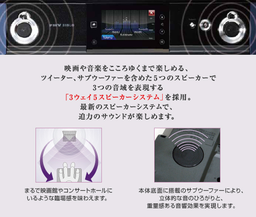 �f��≹�y��������䂭�܂Ŋy���߂�A�c�C�[�^�[�A�T�u�E�[�t�@�[���܂߂�5�̃X�s�[�J�[��3�̉����\������u3�E�F�C5�X�s�[�J�[�V�X�e���v���̗p�B�ŐV�̃X�s�[�J�[�V�X�e���ŁA���͂̃T�E���h���y���߂܂��B �܂�ŉf��ق�R���T�[�g�z�[���ɂ���悤�ȗՏꊴ�𖡂킦�܂��B �{�̒�ʂɓ��ڂ̃T�u�E�[�t�@�[�ɂ��A���̓I�ȉ��̂Ђ낪��ƁA�d�ʊ��̂��鉹�����ʂ��������܂��B