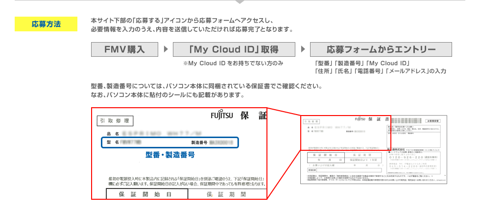 @ {TCǵu傷vACR牞tH[փANZXAKv͂̂Ae𑗐MĂΉ劮ƂȂ܂BFMVwuMy Cloudv擾 FMVLy[TCgtH[Gg[ u^ԁv uԍv uMy Cloud IDv uZv uv udbԍv u[AhXv̓ ^ԁAԍɂẮAp\R{̂ɓĂۏ؏łmFBȂAp\R{̂ɓ\t̃V[ɂLڂ܂B  
