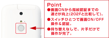 【Point】 画面ONから指紋認証までの速さが向上(202Fと比較して)。/スイッチひとつで画面ON/OFF操作&認証。/持ち替えなしで、片手だけで操作が完了。