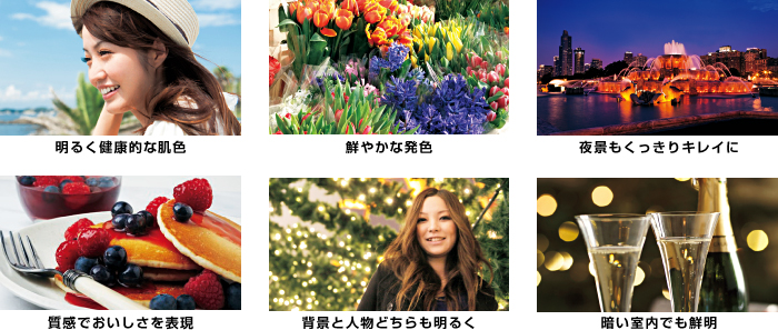 明るく健康的な肌色、鮮やかな発色、夜景もくっきりキレイに、質感でおいしさを表現、背景と人物どちらも明るく、暗い室内でも鮮明