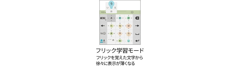 フリック学習モード フリックを覚えた文字から徐々に表示が薄くなる