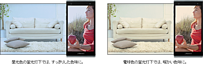 昼光色の蛍光灯下では、すっきりした色味に。電球色の蛍光灯下では、暖かい色味に。