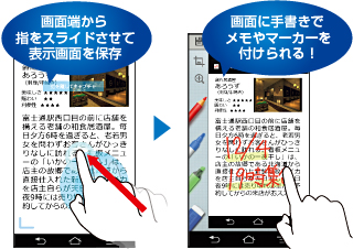 画面端から指をスライドさせて表示画面を保存 ⇒ 画面に手書きでメモやマーカーを付けられる!