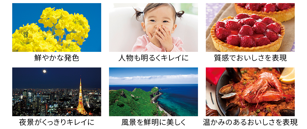 鮮やかな発色、人物も明るくキレイに、質感でおいしさを表現、夜景がくっきりキレイに、風景を鮮明に美しく、温かみのあるおいしさを表現