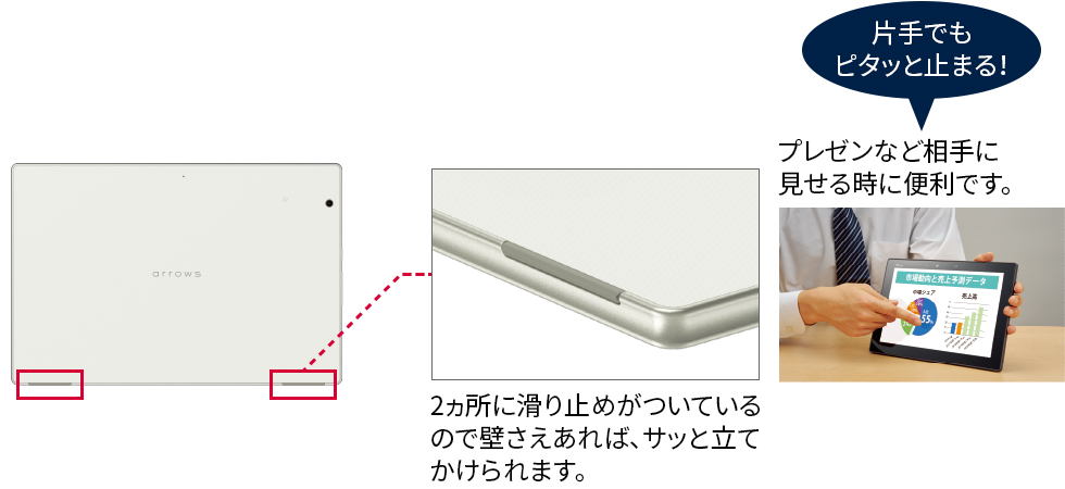 2ヵ所に滑り止めがついているので壁さえあれば、サッと立てかけられます。【片手でもピタッと止まる！】プレゼンなど相手に見せる時に便利です。