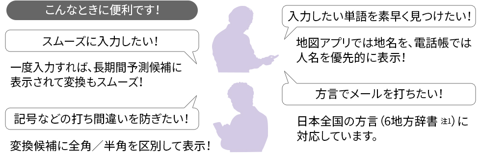【こんなときに便利です！】 「スムーズに入力したい！」一度入力すれば、長期間予測候補に表示されて変換もスムーズ！ 「記号などの打ち間違いを防ぎたい！」変換候補に全角／半角を区別して表示！ 「入力したい単語を素早く見つけたい！」地図アプリでは地名を、電話帳では人名を優先的に表示！ 「方言でメールを打ちたい！」日本全国の方言（6地方辞書（注1））に対応しています。
