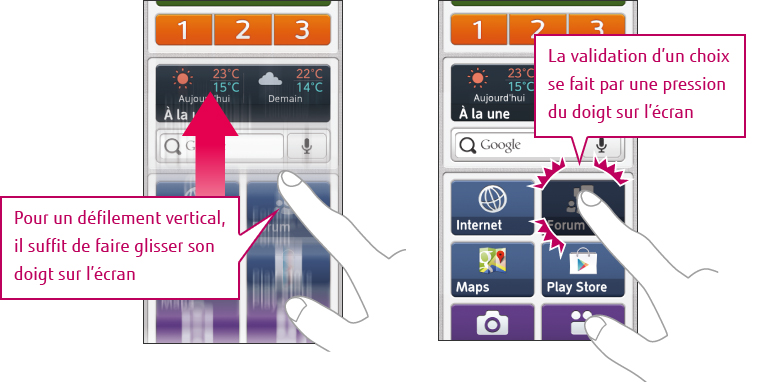 Pour un défilement vertical, il suffit de faire glisser son doigt sur l'écran / La validation d'un choix se fait par une pression du doigt sur l'écran