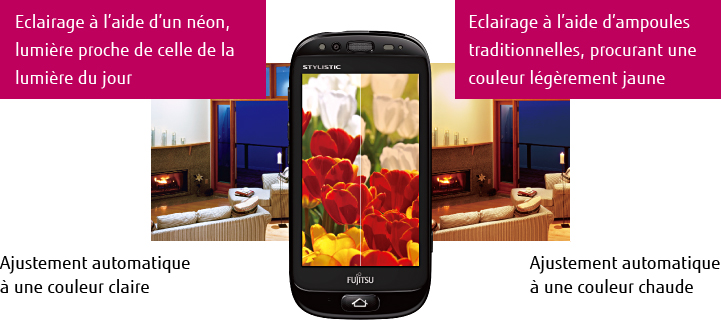 [Eclairage à l'aide d'un néon, lumière proche de celle de la lumière du jour] Ajustement automatique à une couleur claire / [Eclairage à l'aide d'ampoules traditionnelles, procurant une couleur légèrement jaune] Ajustement automatique à une couleur chaude