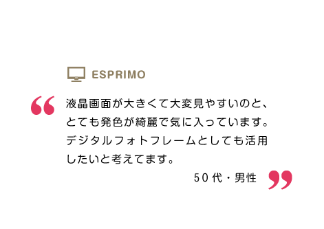 液晶画面が大きくて大変見やすいのと、とても発色が綺麗で気に入っています。デジタルフォトフレームとしても活用したいと考えてます。50代・男性