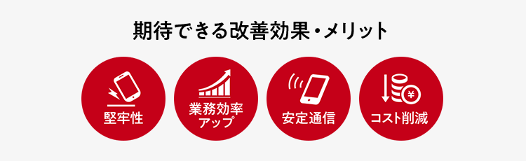 期待できる改善効果・メリット　堅牢性　業務効率アップ　安定通信　コスト削減