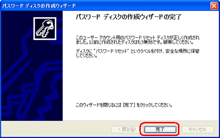 パスワードディスクの作成ウィザードの完了