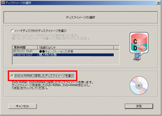 「DVD±R(RW)に保存したディスクイメージを選ぶ」をクリックする