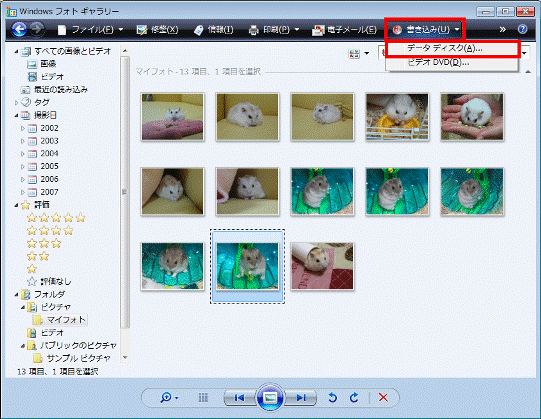 書き込みボタン→データディスクの順にクリック