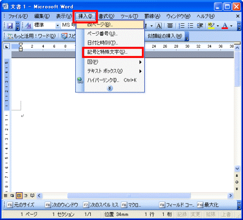 挿入メニュー→記号と特殊文字をクリック