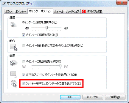 「Ctrlキーを押すとポインターの位置を表示する」にチェックを付ける