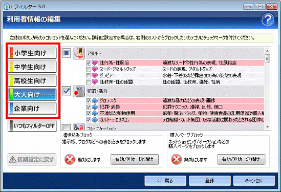 カテゴリセット - 利用者に適用したいカテゴリセットをクリック