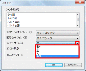 フォントサイズ欄の「▼」をクリック
