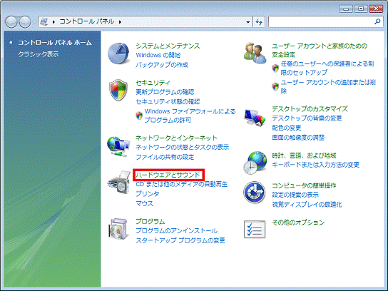 「ハードウェアとサウンド」をクリック