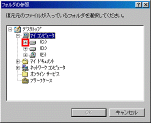 復元元のファイルが入っているフォルダを選択してください - (C:)の左側の+をクリック