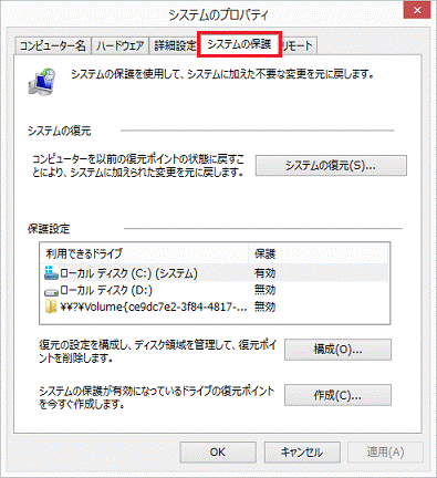 「システムの保護」タブ
