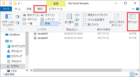 「表示」タブの「オプション」