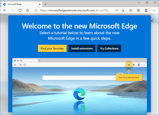 新しいMicrosoft Edgeを紹介するページが表示