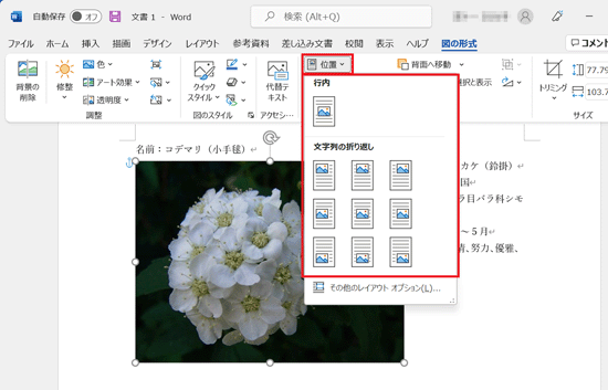 「位置」ボタンをクリックし、表示されるメニューから、目的に応じた位置をクリック