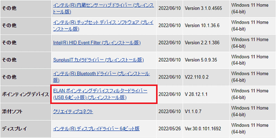 「ELAN ポインティングデバイスフィルタードライバー (プレインストール版)」をクリック