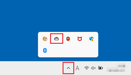 隠れているインジケーターを表示しますをクリックし、OneDriveアイコンをクリック