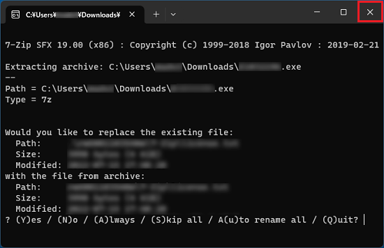 「7-Zip」画面を「×」ボタンで閉じる