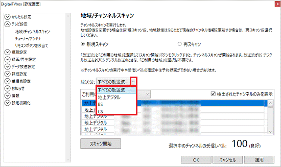 受信レベルを確認したい放送波をクリック