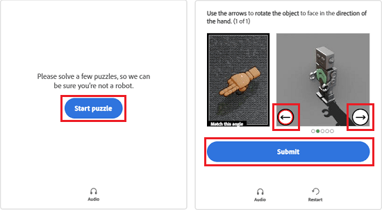 「start puzzle」ボタンと、絵の向きをそろえるクイズの例