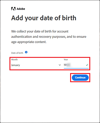 生まれた月と年を選択・入力し「Continue」ボタンをクリック