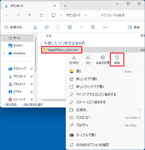 「DigitalTVbox_4.24.3100.1」フォルダーを右クリックし削除