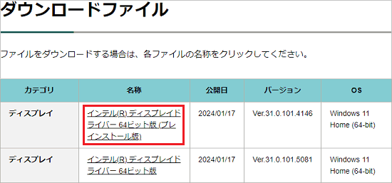 「インテル(R) ディスプレイドライバー 64ビット版 (プレインストール版)」をクリック