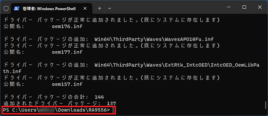 最終行にRAから始まる生成されたフォルダー名が表示