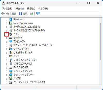 「カメラ」の左側にある矢印をクリック